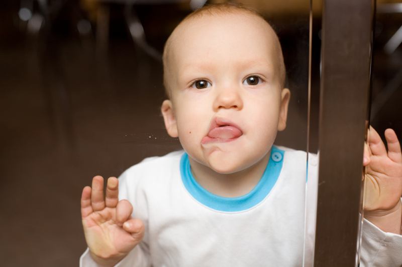 Toddler with tongue on window