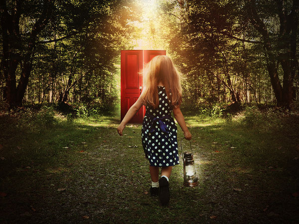Girl walking toward door through forest - mystery, heaven