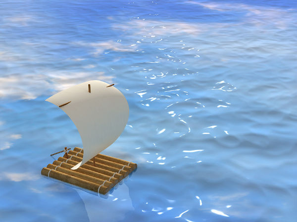 3d self-made wooden raft with sail from a paper