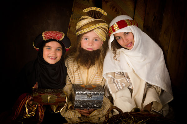 Children's nativity scene with three wise men