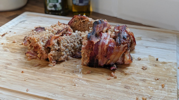 Slices of turkey meatloaf on a chopping board