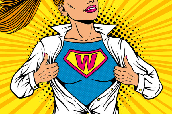 Pop art female superhero. Young sexy woman dressed in white jacket shows superhero t-shirt with W sign means Woman on the chest flies smiling. Vector illustration in retro pop art comic style.