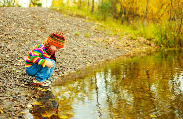 cute little boy playing near the lake in the autumn park