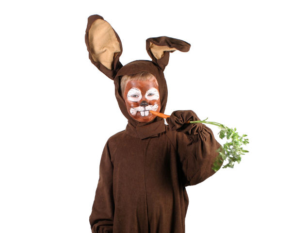 a little boy in a rabbit costume about to eat a carrot.