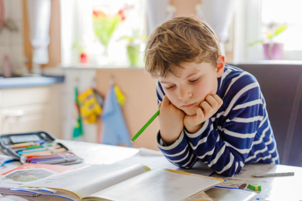 Boy doing homework with textbook