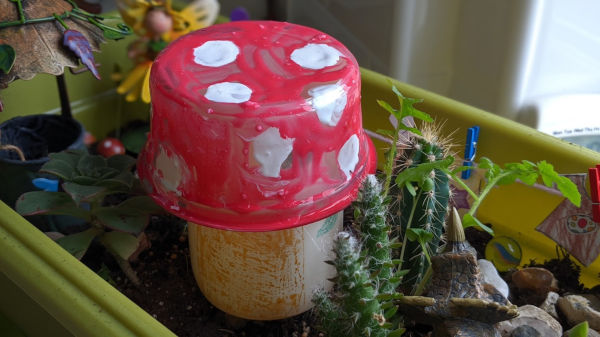 Toadstool made from plastics. Recycled craft project