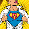 Pop art female superhero. Young sexy woman dressed in white jacket shows superhero t-shirt with W sign means Woman on the chest flies smiling. Vector illustration in retro pop art comic style.