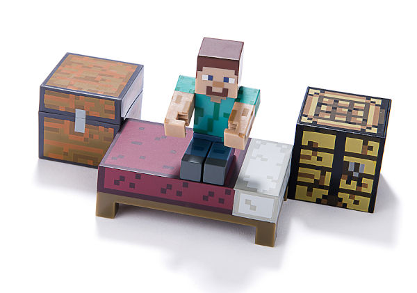 Minecraft figure on bed with craft table