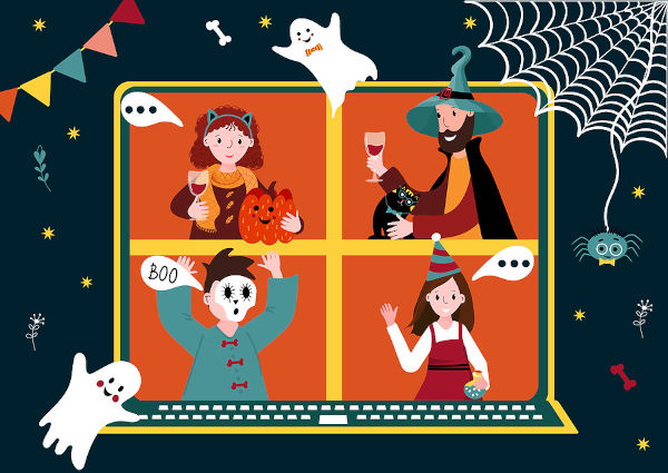 Halloween online party. Virtual meet group to celebrate festival. People in horror costume have video conference from home. Friends spend time together on video call. New normal life.